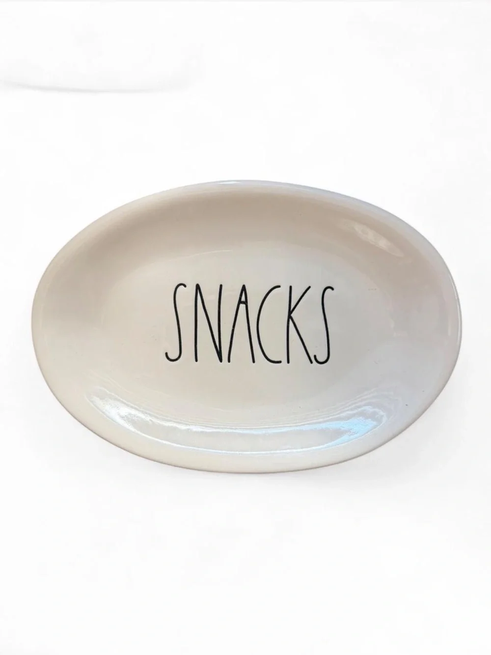 SNACKS Ceramic Snack Dish - White with Black Lettering